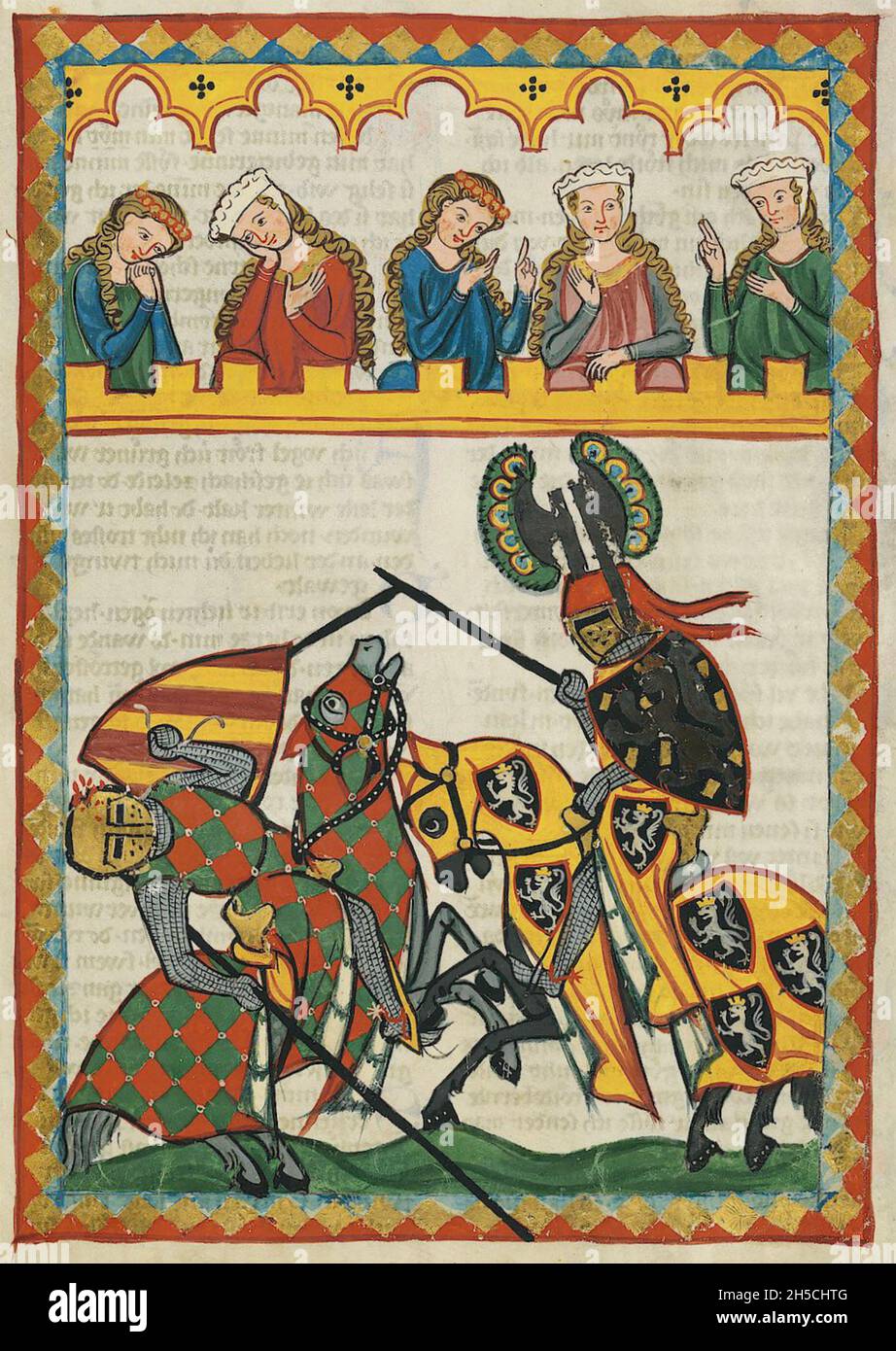 CODEX MANESSE An early to middle 14th century German manuscript containing songs and illustrating medieval life.Cpuryt ladies watch a tournament. Stock Photo