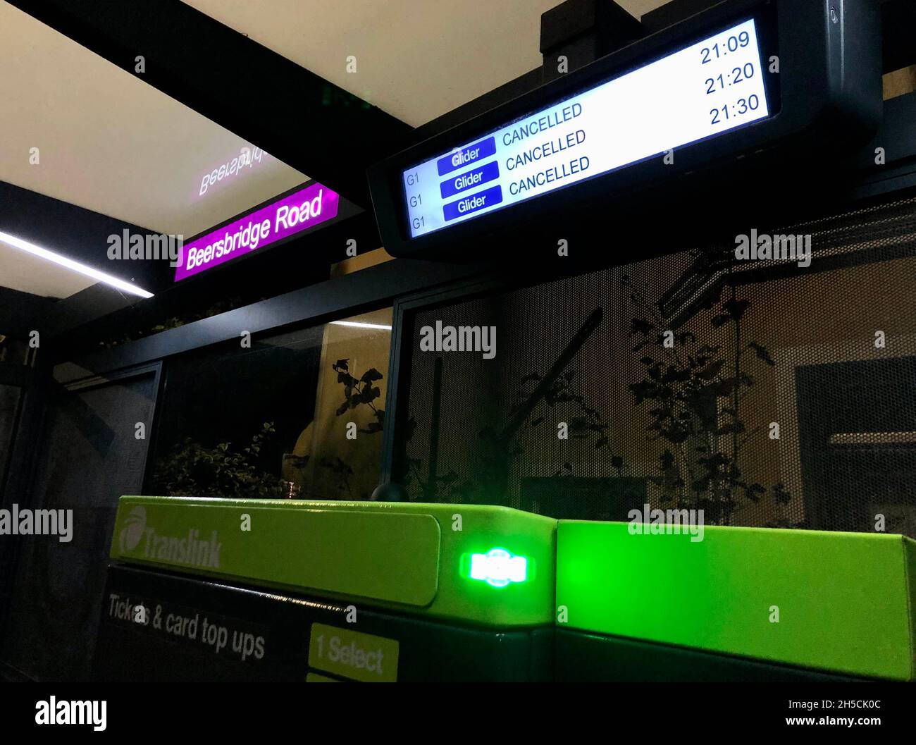 A Glider bus stop on the junction of Upper Newtownards Road and