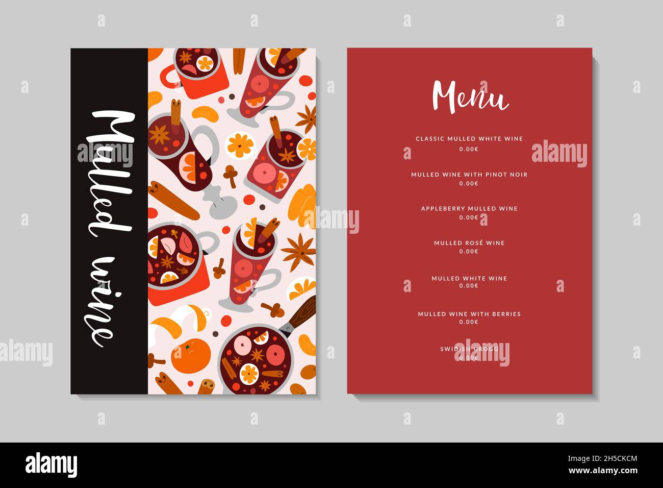 Mulled wine menu card template with price, hot spiced seasonal alcohol drinks, wine list, menu layout with illustrations, design concept Stock Vector