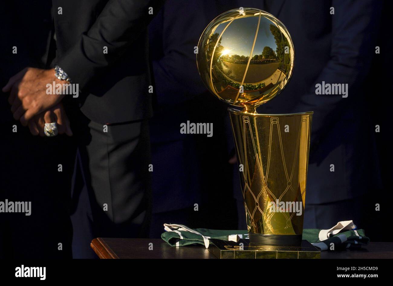 Washington, United States. 08th Nov, 2021. The Larry O'Brien NBA  Championship Trophy is seen as President Joe Biden honors the Milwaukee  Bucks for winning the 2021 NBA Championship on the South Lawn