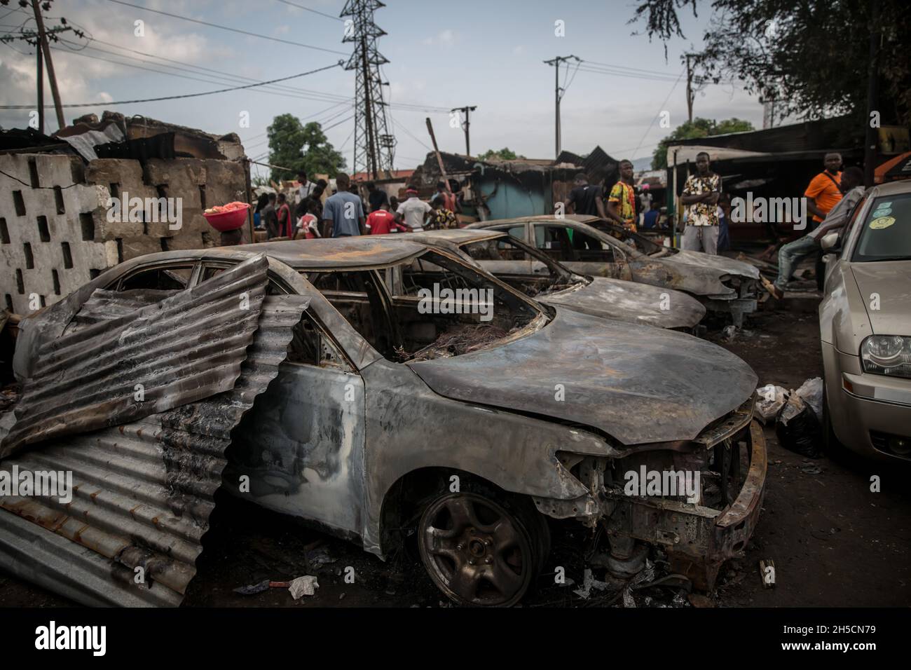 Freetown, Sierra Leone. 06th Nov, 2021. Burntout vehicles on the site