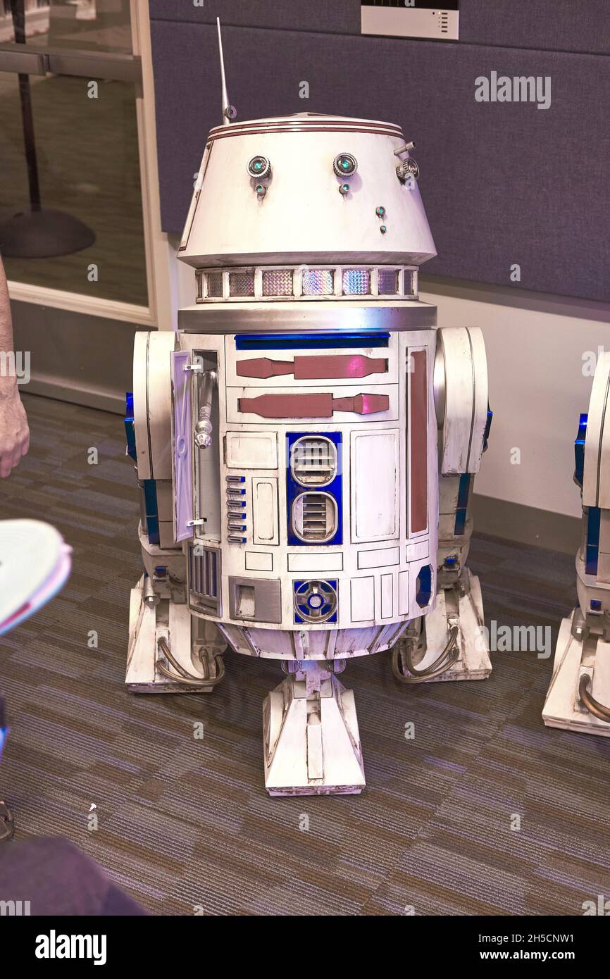 A  replica R5 droid from the Star Wars motion picture franchise is on display during the 2021 Dover Comic Con expo in Dover, Delaware. Stock Photo