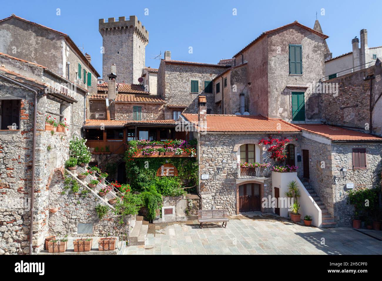 Main square in little medieval town Capalbio, Tuscany, Italy Stock Photo