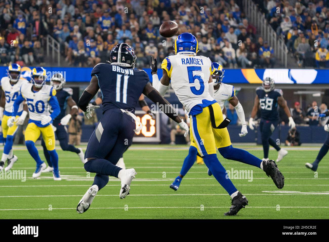 Inglewood, United States. 07th Nov, 2021. Los Angeles Rams cornerback Jalen  Ramsey (5) intercepts a pass attended for Tennessee Titans wide receiver  A.J. Brown (11) during a NFL game, Sunday, Nov. 7,