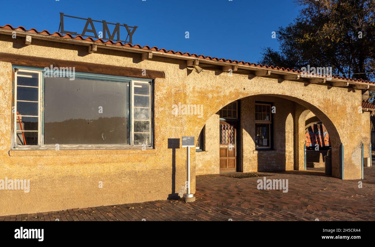 Railroad Station, Lamy, New Mexico. At this railroad station, Manhattan Project scientists and family arrived on their way to Los Alamos Stock Photo