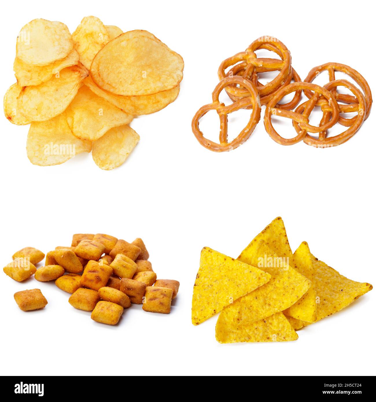 Salty snacks. Pretzels, chips, crackers collage Stock Photo Alamy