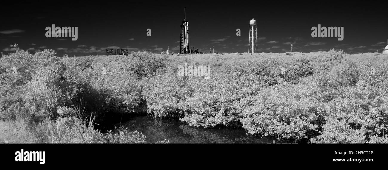 Cape Canaveral, United States of America. 31 October, 2021. A black and white infrared image of the SpaceX Falcon 9 rocket with the Crew Dragon spacecraft for the NASA SpaceX Crew-3 mission to the International Space Station continues preparations on Launch Complex 39A at the Kennedy Space Center October 31, 2021 in Cape Canaveral, Florida. The crew of NASA astronauts Raja Chari, Tom Marshburn, Kayla Barron, and European Space Agency astronaut Matthias Maurer are expected to launch November 10th.  Credit: Joel Kowsky/NASA/Alamy Live News Stock Photo