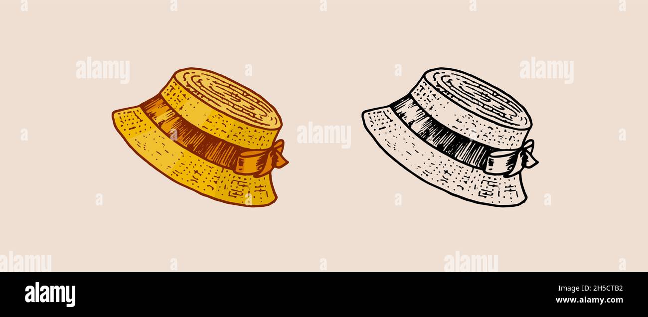 Vintage straw Hat for elegant woman, female and ladies. Retro fashion. English style. Hand drawn Stock Vector