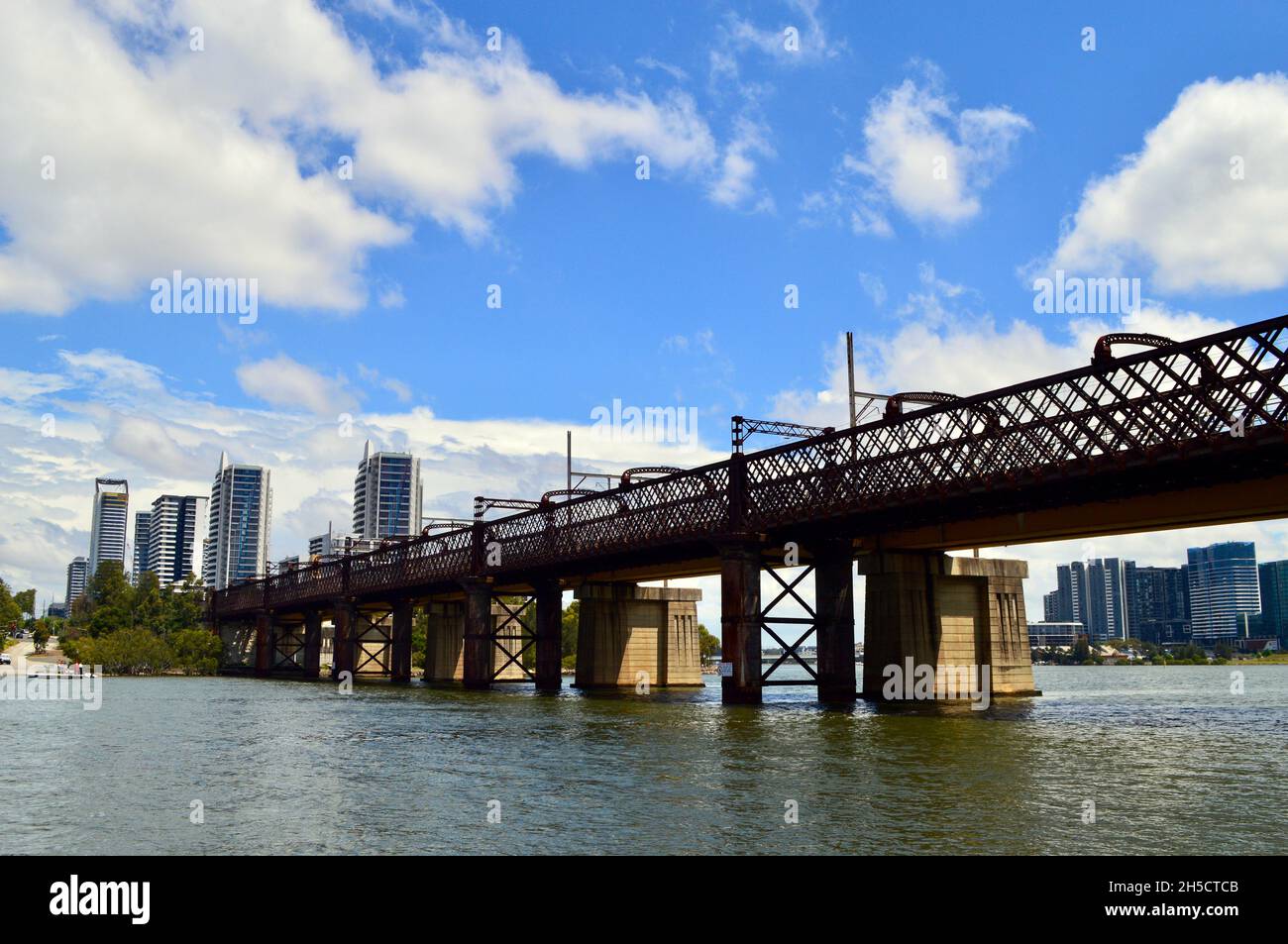 A view of the old steel bridge at Meadowbank in Sydney, Australia Stock Photo