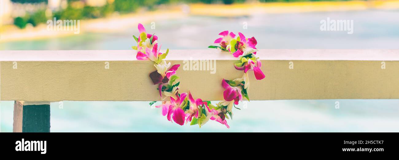 Hawaiian lei flowers necklace panoramic banner for polynesian or hawaiian culture tradition