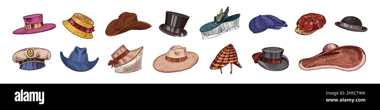 Hats vintage collection for elegant men, woman, female and ladies. Fedora Derby Deerstalker Homburg Bowler Straw Beret Captain Cowboy Porkpie Boater Stock Vector