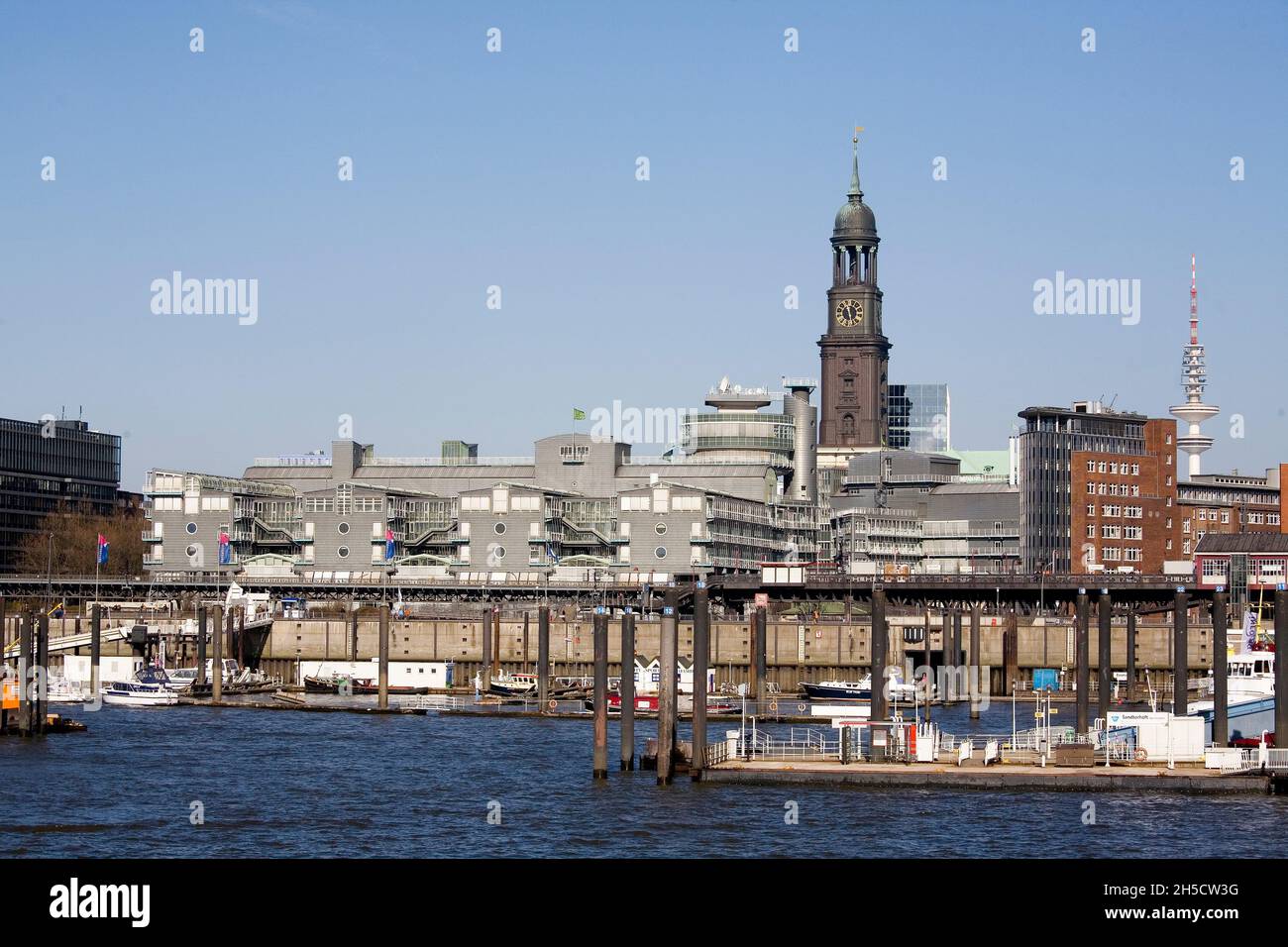 Hamburg-HafenCity with St. Michaelis in the back, Germany, Hamburg, Port of Hamburg Stock Photo