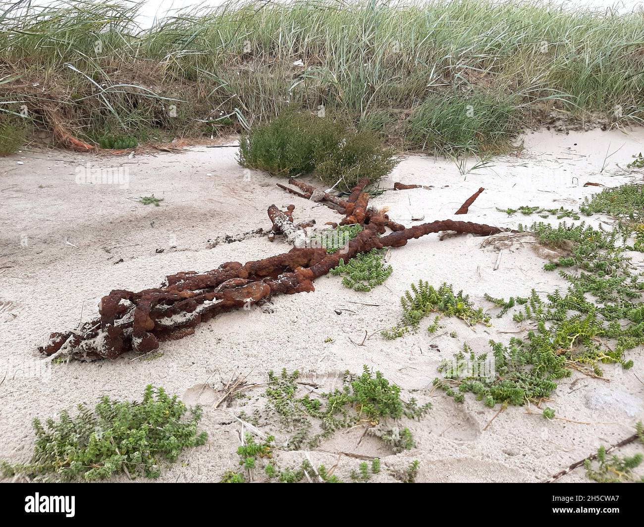 rusted anchor chain on beach , Germany, Lower Saxony, Mellum Stock Photo
