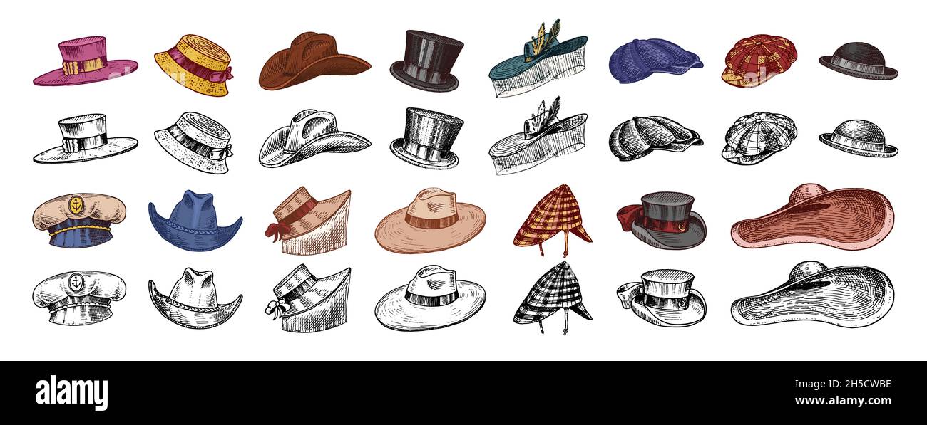 Hats vintage collection for elegant men, woman, female and ladies. Fedora Derby Deerstalker Homburg Bowler Straw Beret Captain Cowboy Porkpie Boater Stock Vector