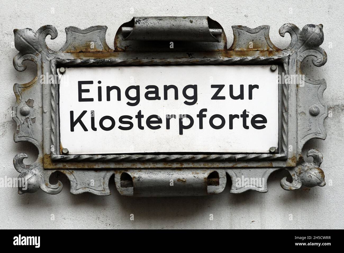 sign with the inscription 'Entrance to the monastery gate', Germany, North Rhine-Westphalia Stock Photo