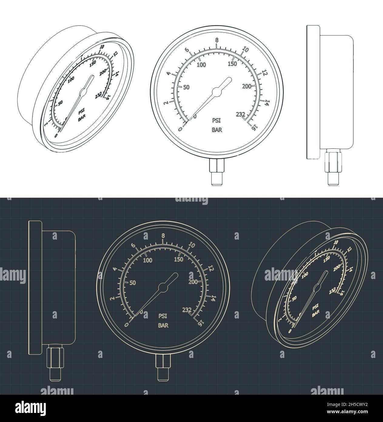 Stylized vector illustration of blueprints of pressure gauge Stock ...