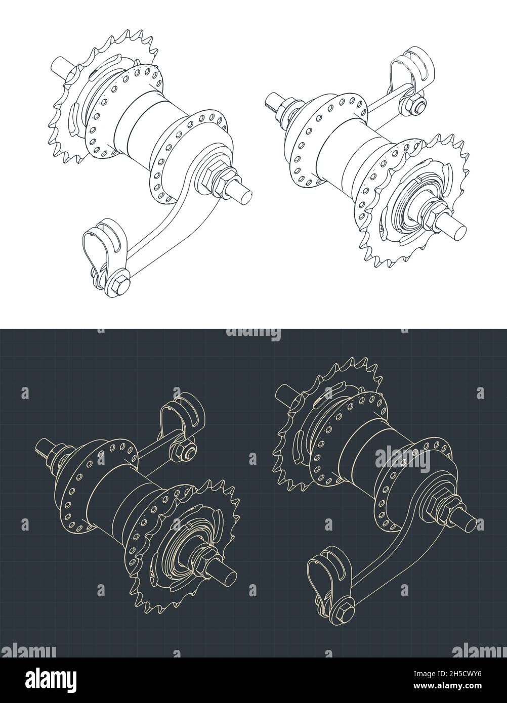 Stylized vector illustration of isometric blueprints of a coaster brake hub Stock Vector