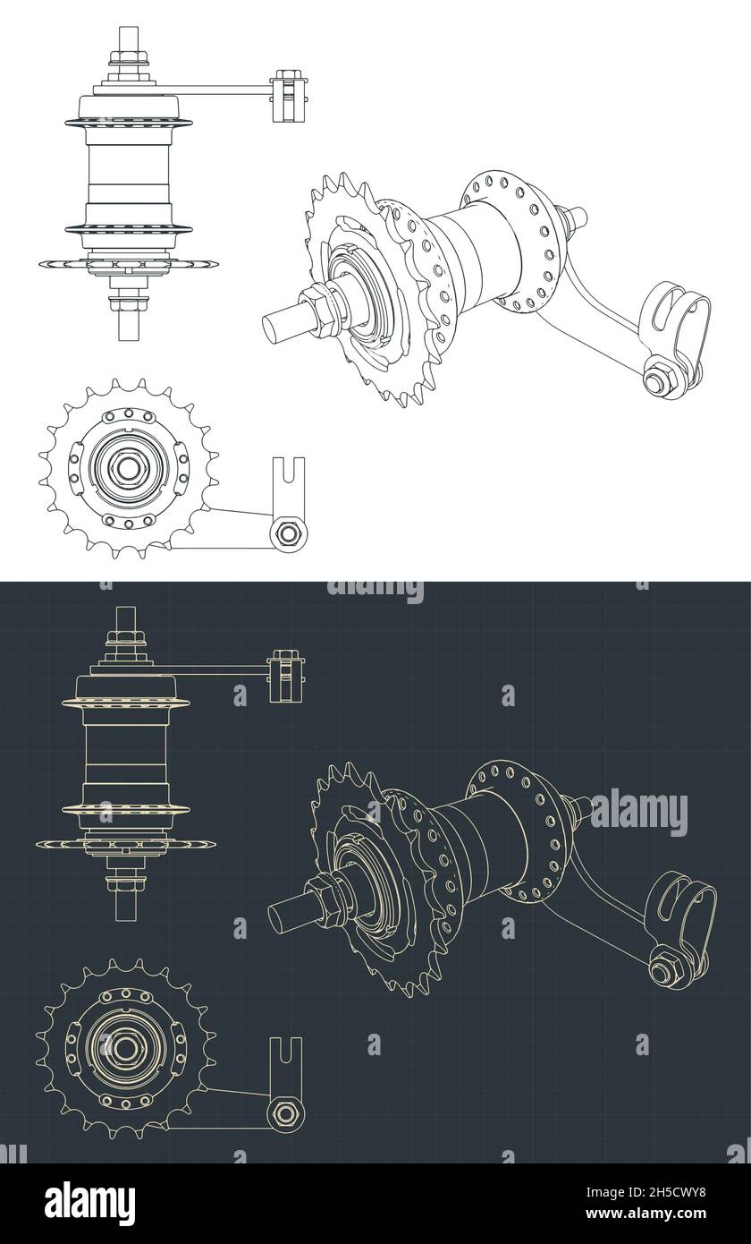 Stylized vector illustration of blueprints of a coaster brake hub Stock Vector