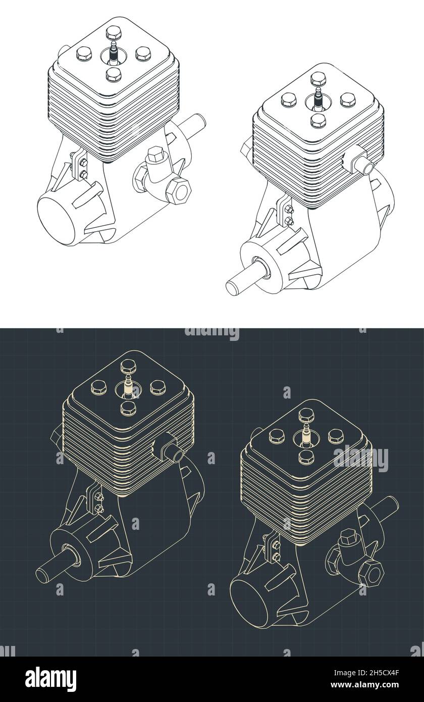 Stylized vector illustration of isometric blueprints of two-stroke ...