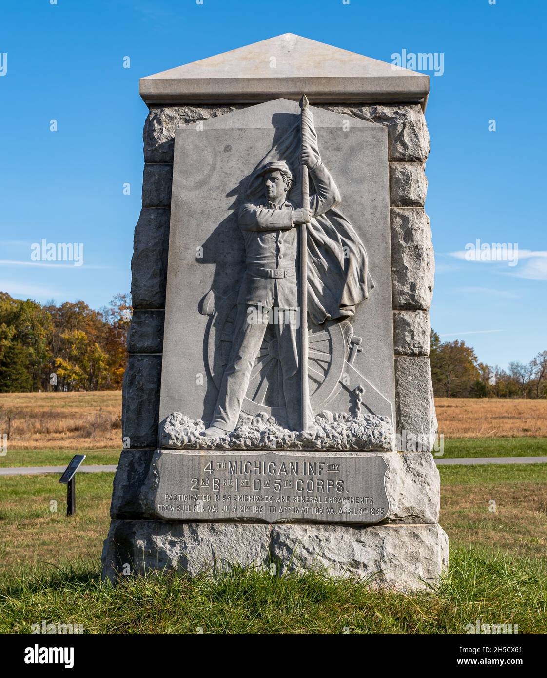 The 4th Michigan Volunteer Infantry Regiment is on De Trobriand Avenue at the Gettysburg National Military Park in Gettysburg, Pennsylvania, USA Stock Photo