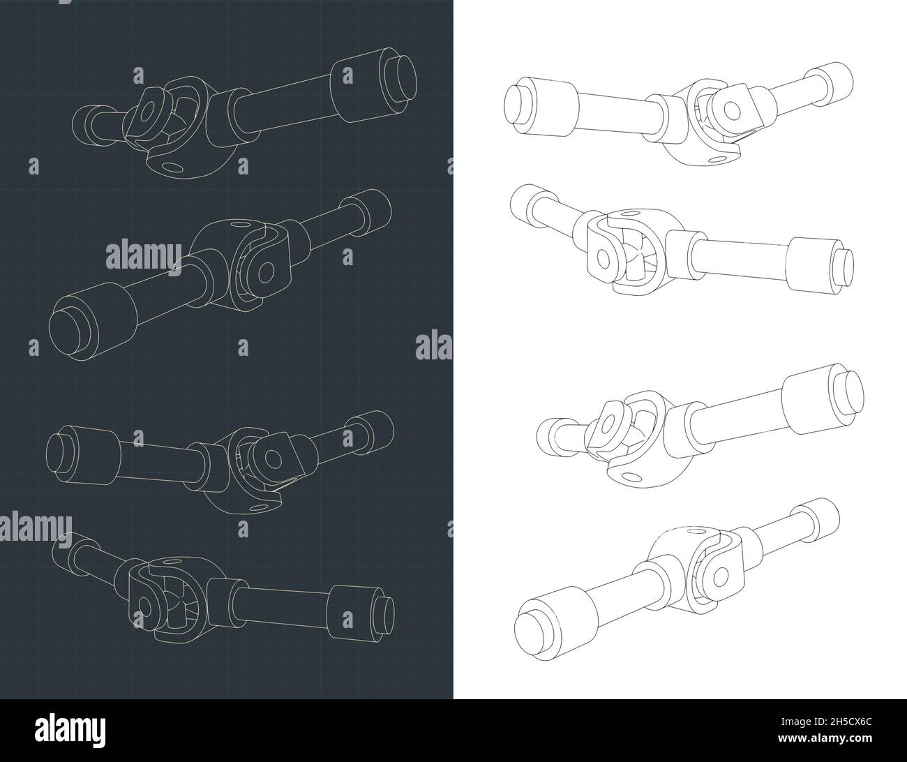 Stylized vector illustration of isometric blueprints of universal joint mechanism Stock Vector