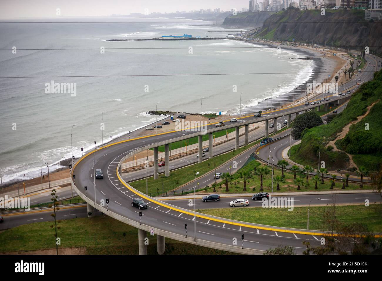 Lima, Peru: 22.09.2019: Aerial daytime view of the suspending bridge called 'Bajada Armendariz' crossing from Miraflores to Barranco Stock Photo