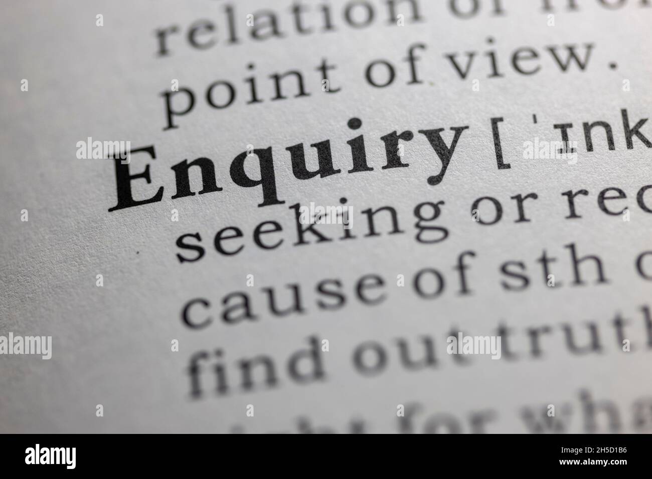 Fake Dictionary word, Dictionary definition of enquiry Stock Photo