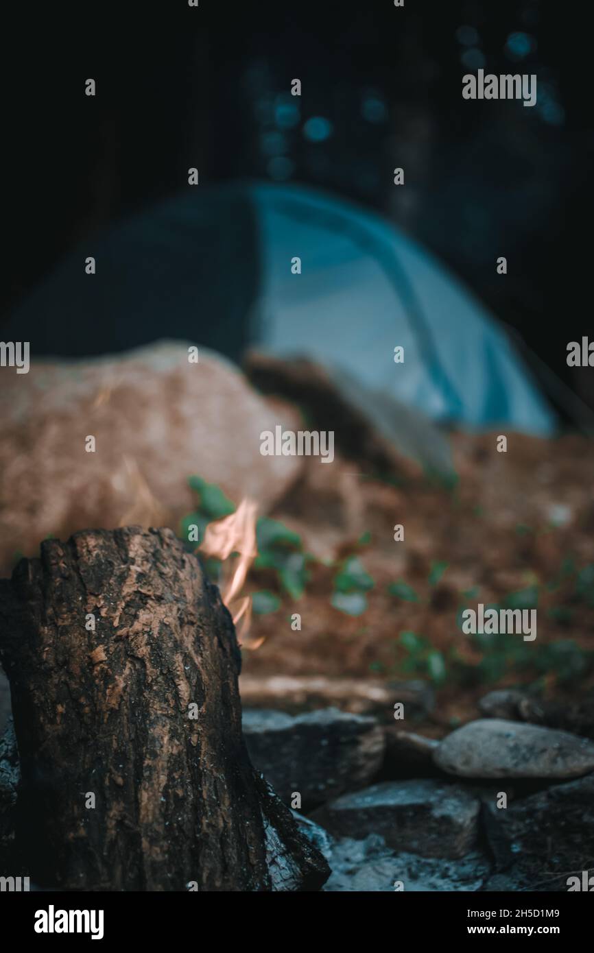 a shot on the fire with a view on my tent Stock Photo