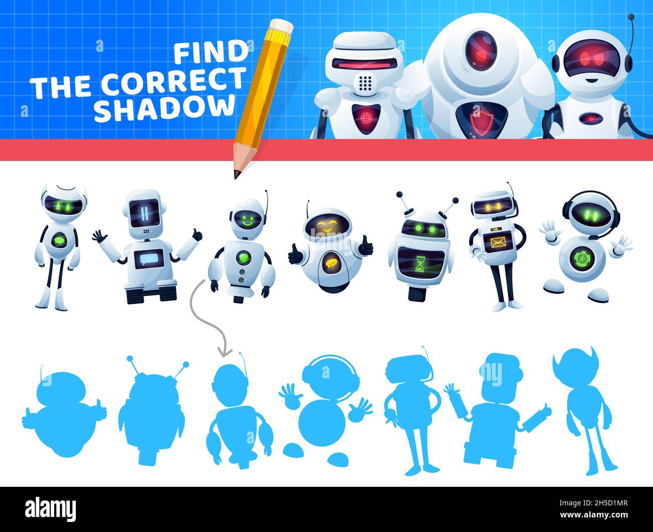 Find a correct robot shadow. Kids game or puzzle vector template education memory riddle, maze or test with matching pair task, connect cartoon rob Stock Image & Art - Alamy