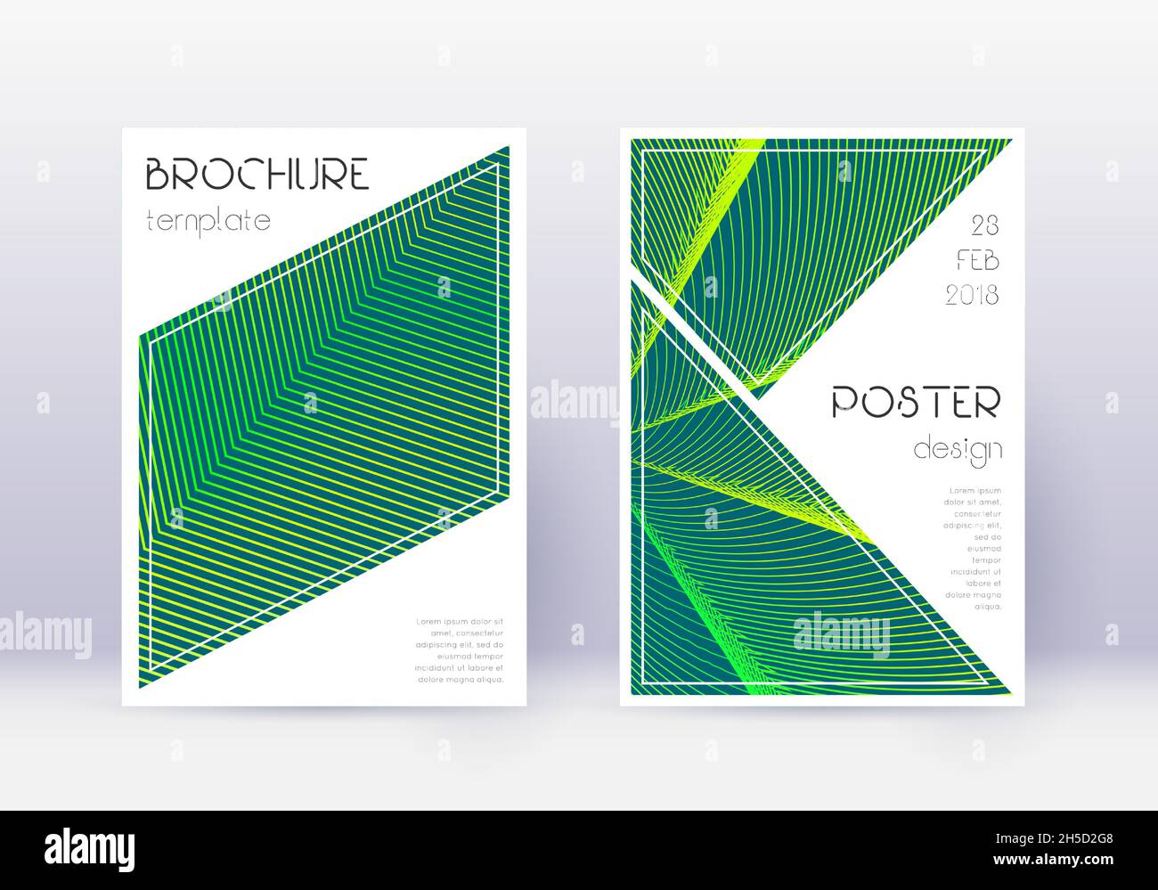 Triangle cover design template set. Green abstract lines on dark background. Ideal cover design. Beauteous catalog, poster, book template etc. Stock Vector