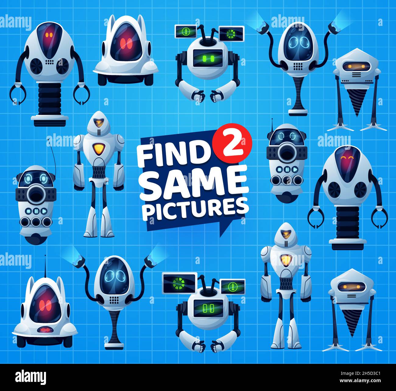 Find two same robots kids maze game. Vector education puzzle, matching ...