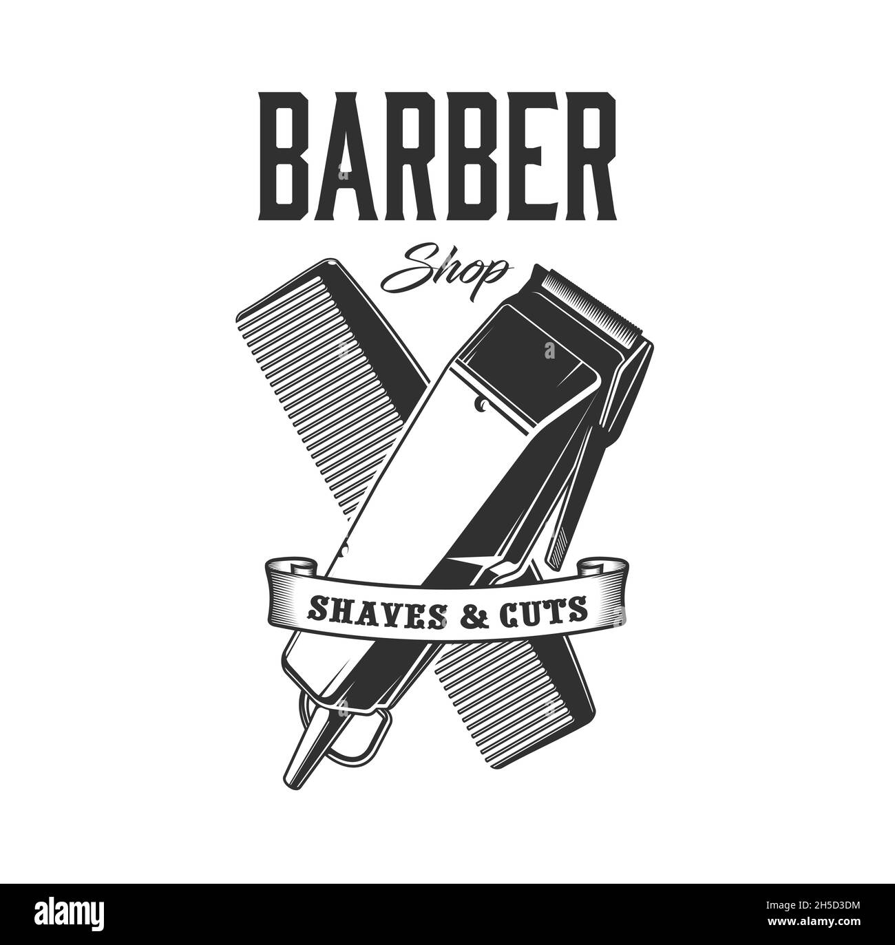 Barbershop shaver or razor and comb icon, vector vintage emblem for shaves and cuts service for men. Haircutting, trim and beard shave retro advert mo Stock Vector