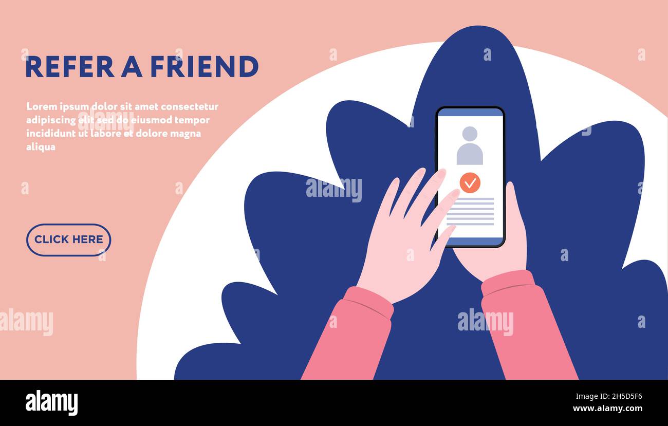 Referral program concept. Vector template with copy space. Young person sending special offer to his friends from cell phone Stock Vector