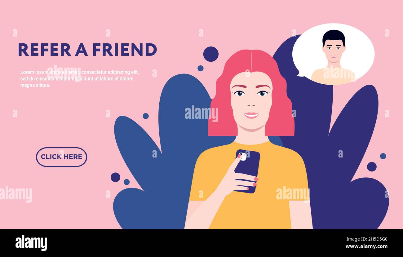 Refer and earn. Vector design template in flat design. Young woman inviting her friend to referral program. Bright floral backdrop Stock Vector