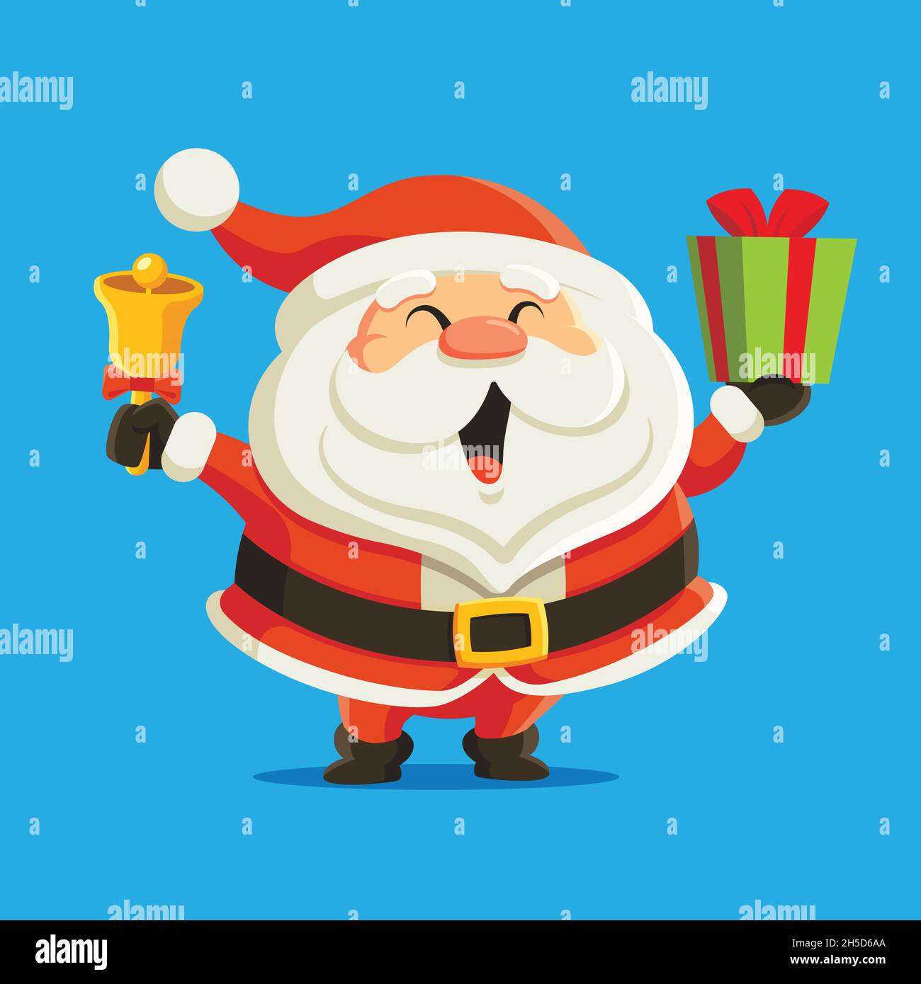 Cartoon cute and smiling Santa Claus holding bell and big box Christmas ...
