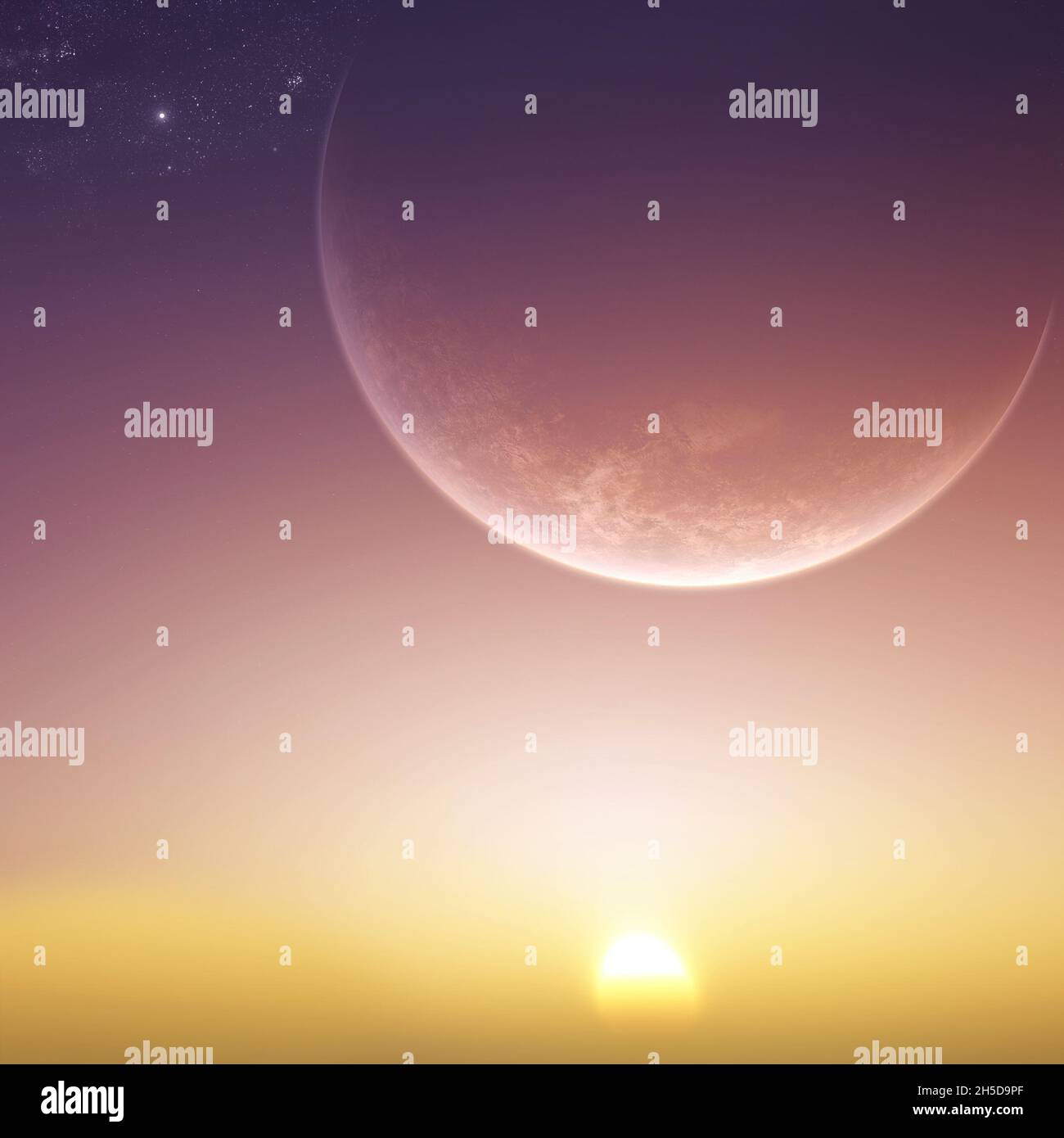 3D rendering of a planet appearing in the sky with the sun and sunlight ...