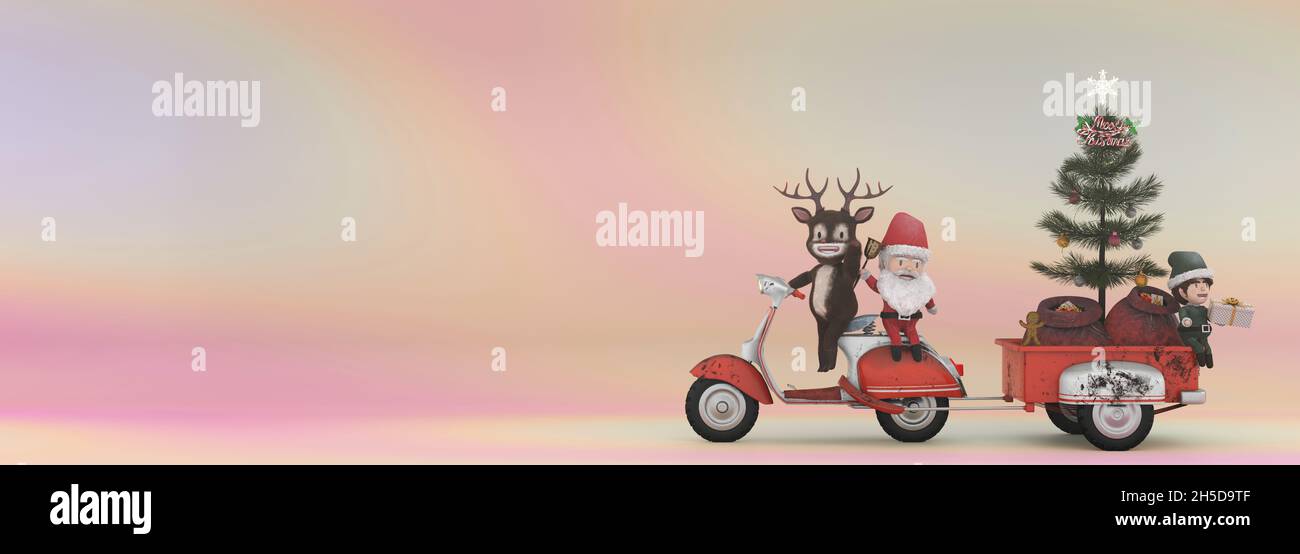 3d illustration. Christmas Sale Promotion Template . Concept shopping online Santa Claus and deer a vintage scooter . COPY SPACE for logo and text Stock Photo