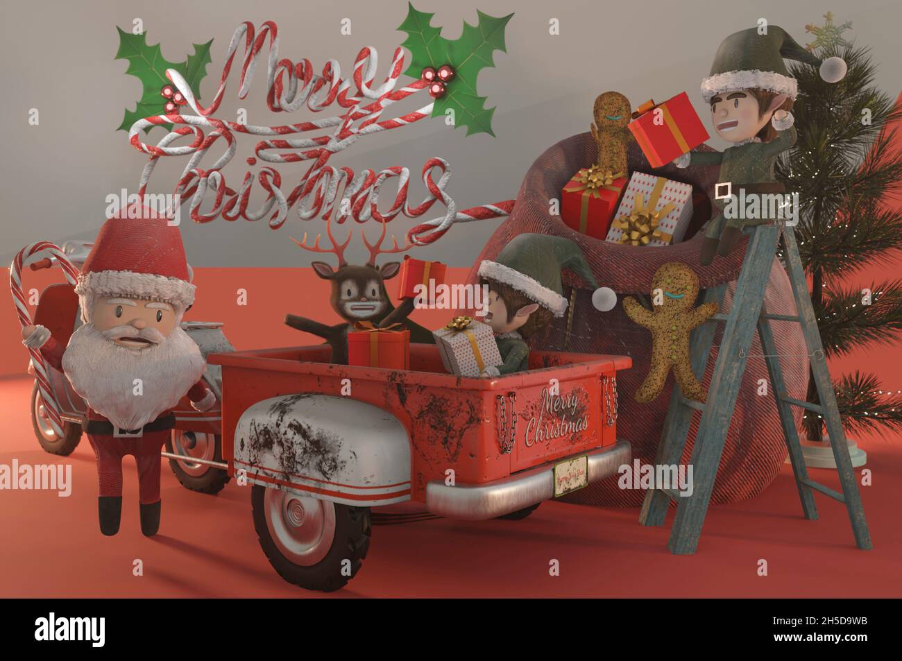 3d illustration. Christmas Sale Promotion Template . Concept shopping online Santa Claus and elf a vintage scooter . COPY SPACE for logo and text Stock Photo