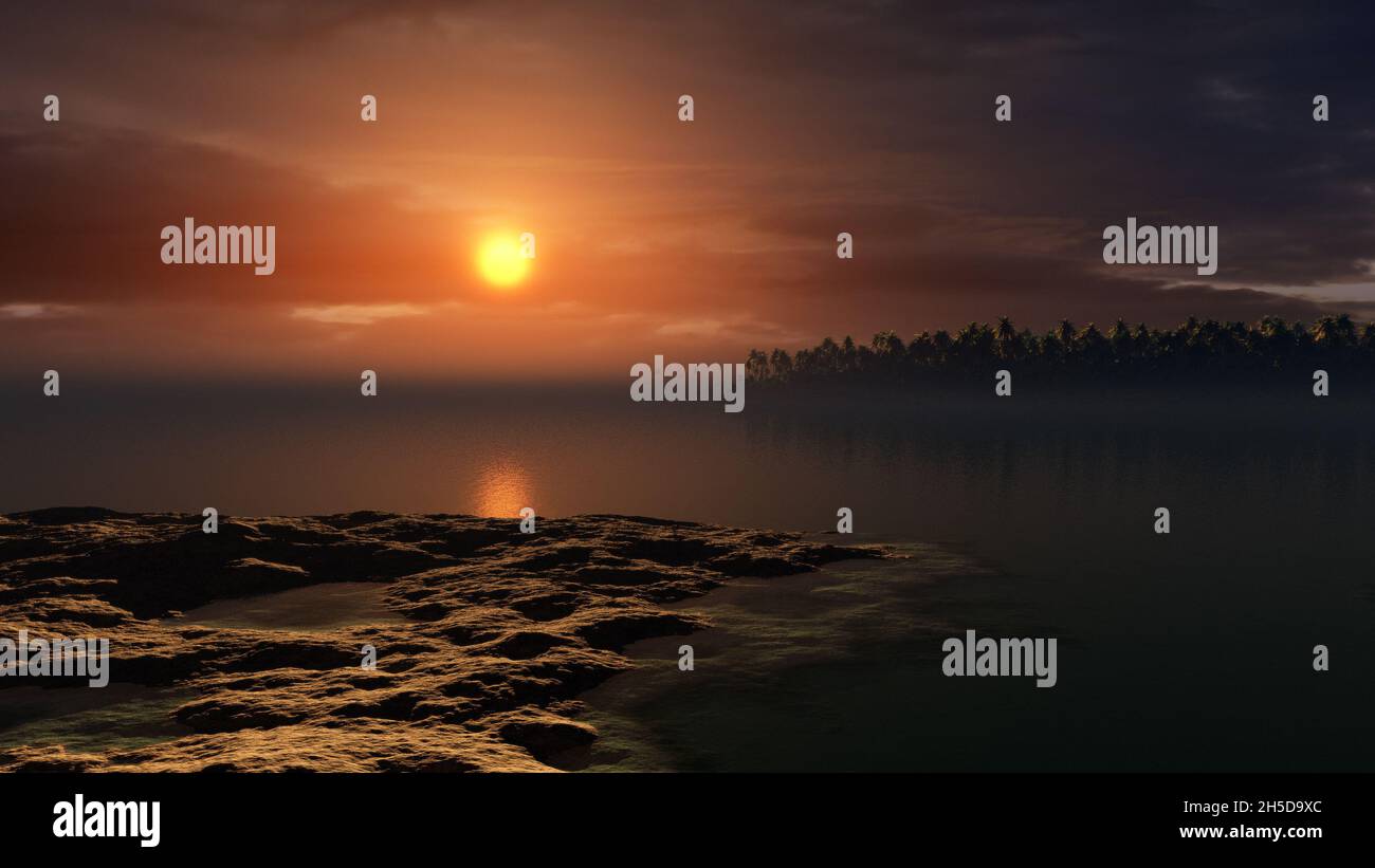 3D rendering of a great view in the time of sunset on the ocean and ...