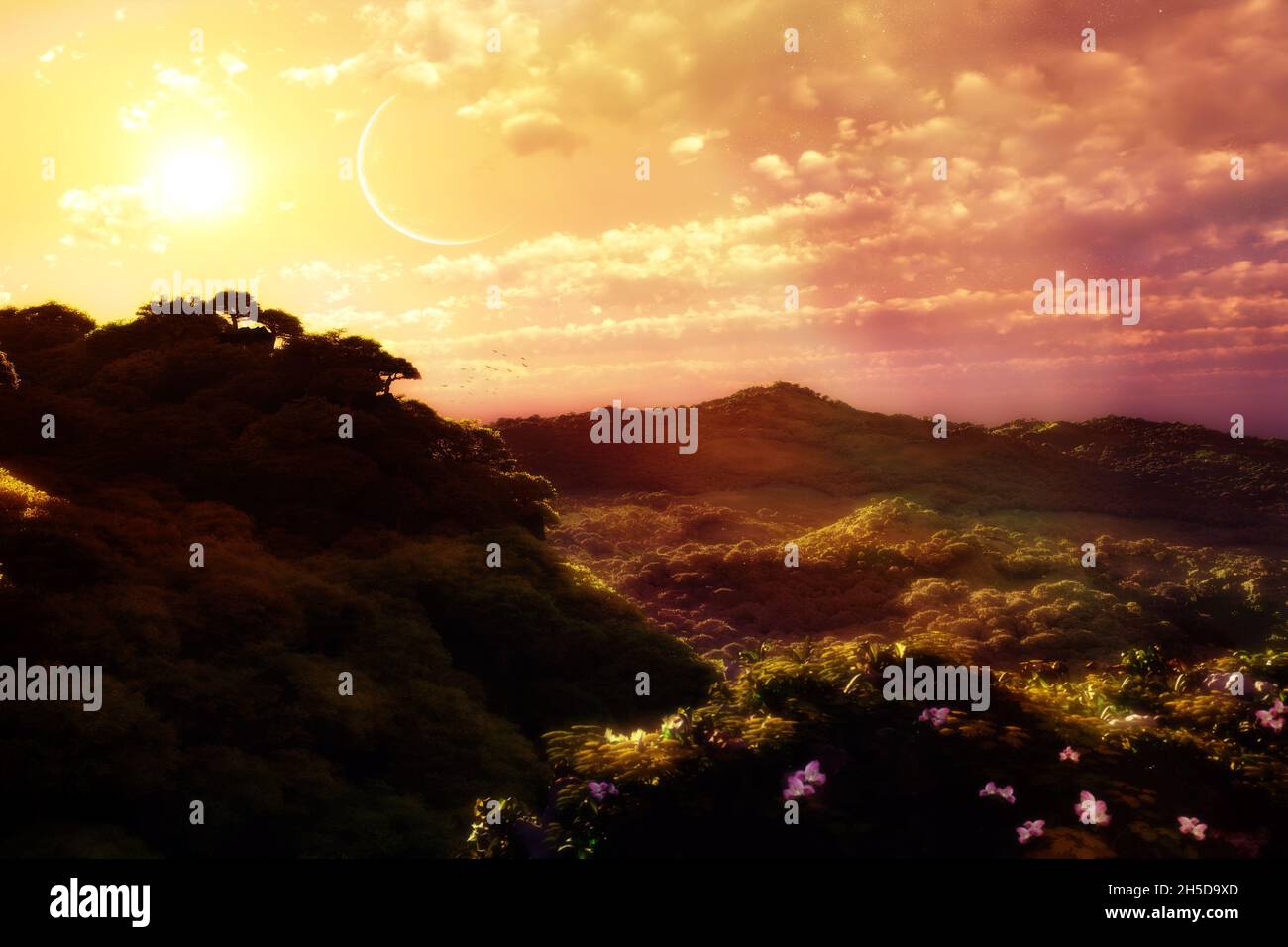 3D rendering of the outdoor view in time of sunset under a cloudy sky ...