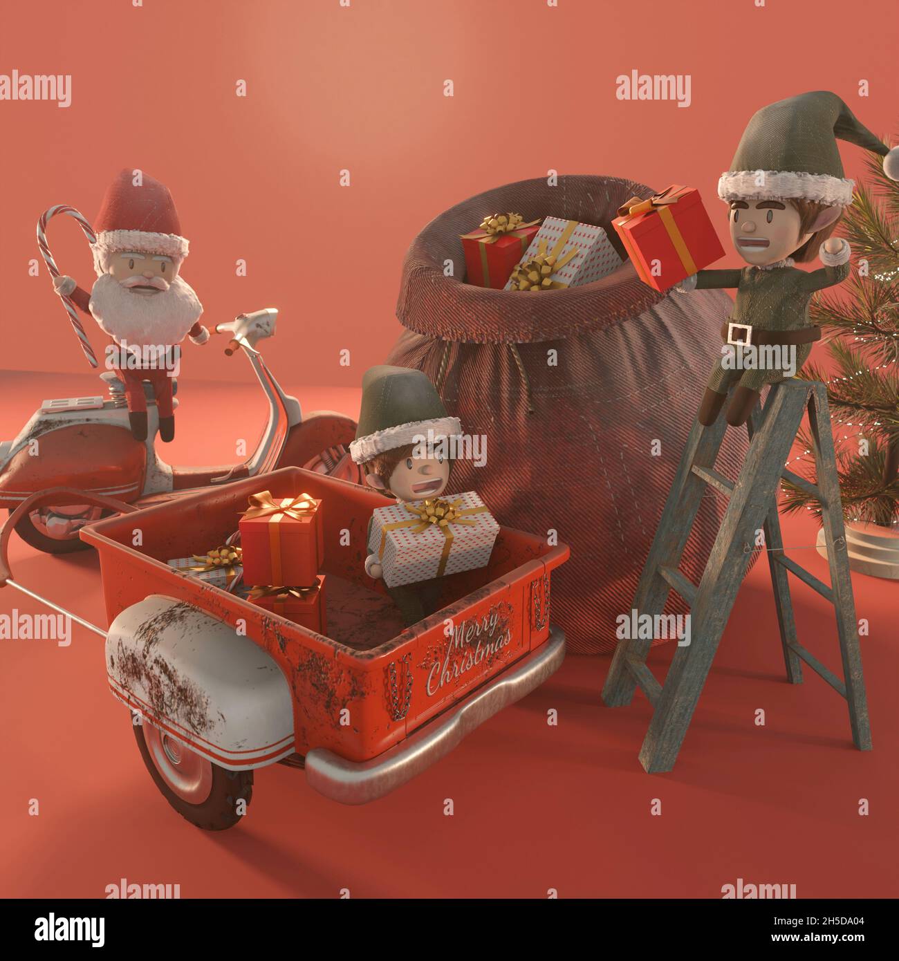 3d illustration. Christmas Sale Promotion Template . Concept shopping online Santa Claus and elf a vintage scooter . COPY SPACE for logo and text Stock Photo