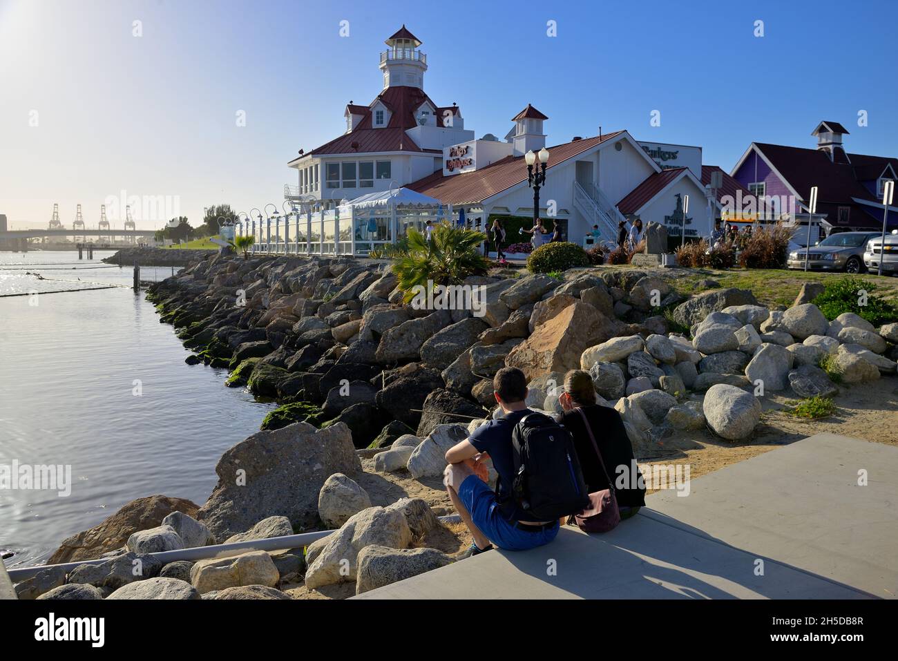 A sunny spring afternoon at the Shoreline Village and Marina, Long Beach CA Stock Photo