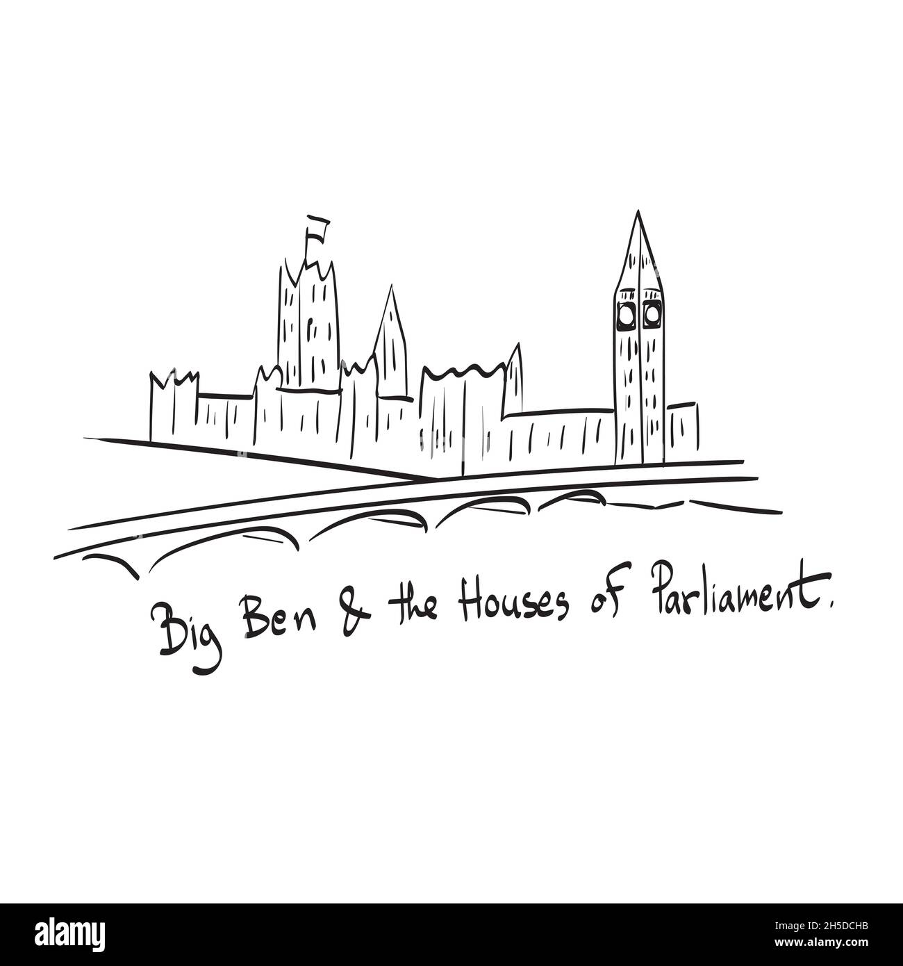 Big Ben and the Houses of Parliament with bridge and Thames river illustration vector isolated on white background line art. Stock Vector