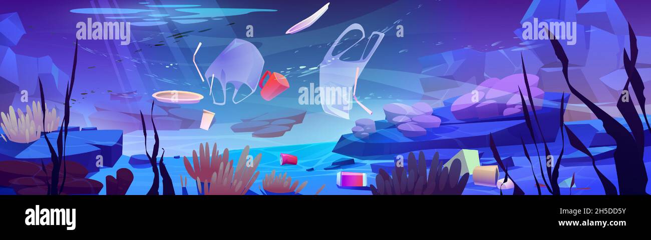 Plastic garbage on ocean bottom. Sea floor with different kinds of trash. Package wastes, bags, bottles floating in water. Ecology protection, underwater pollution concept, Cartoon vector illustration Stock Vector
