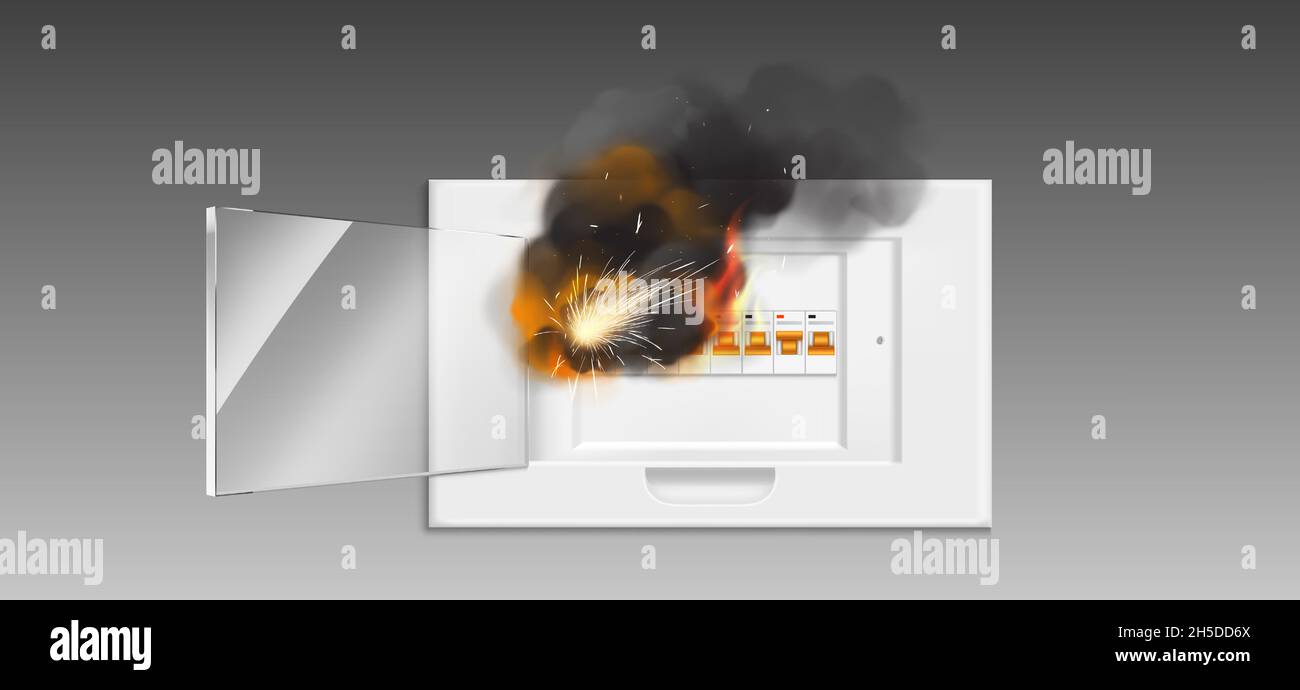 Fuse box in fire, short circuit and overload in electrical panel