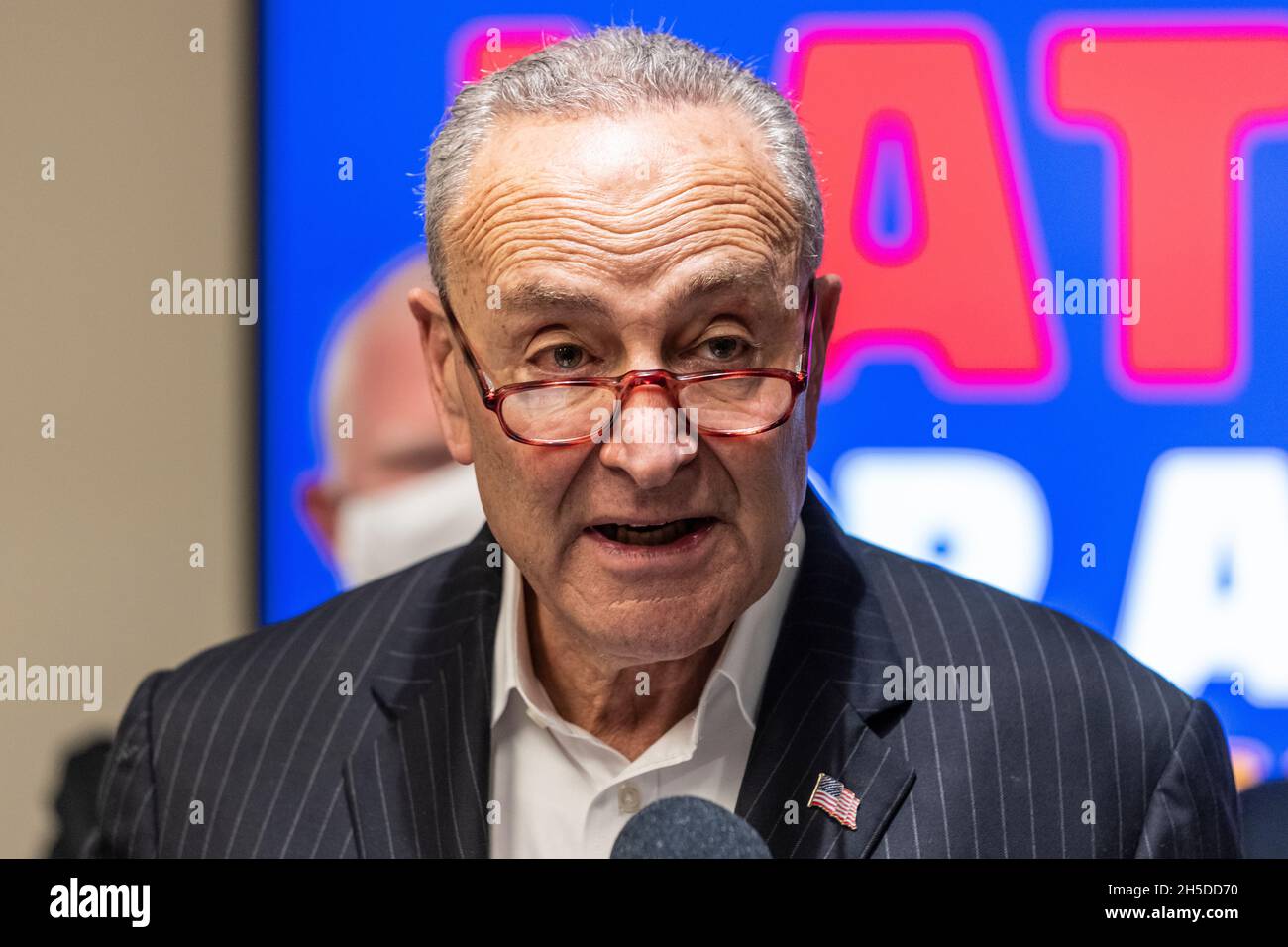 New York, NY - November 8, 2021: U. S. Senator Charles Schumer speaks at press conference in support of the Build Back Better Act at Hispanic Federation Headquarters Stock Photo