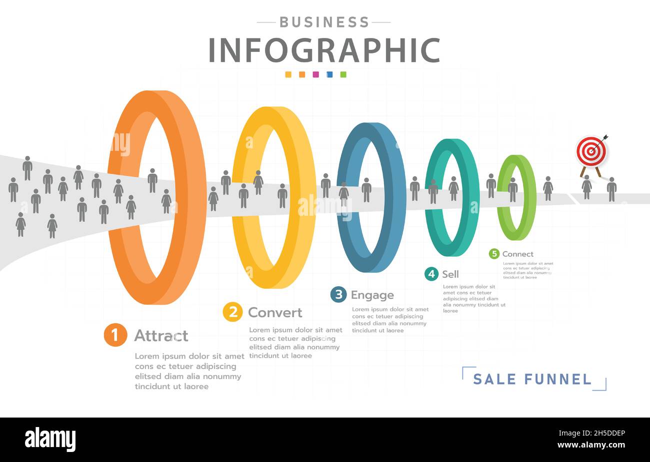 Infographic template for business. 5 Level Modern Sales funnel diagram, presentation vector infographic. Stock Vector