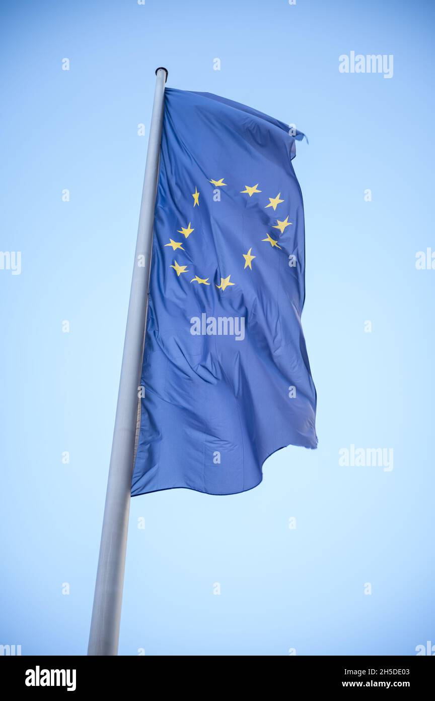 European Union flag on light blue background Stock Photo