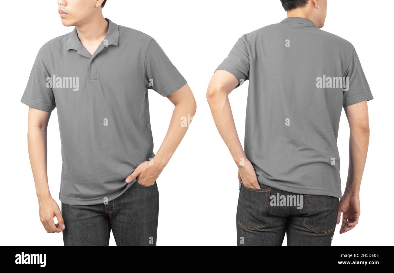 Young man in blank Polo t-shirt mockup front and back used as design ...