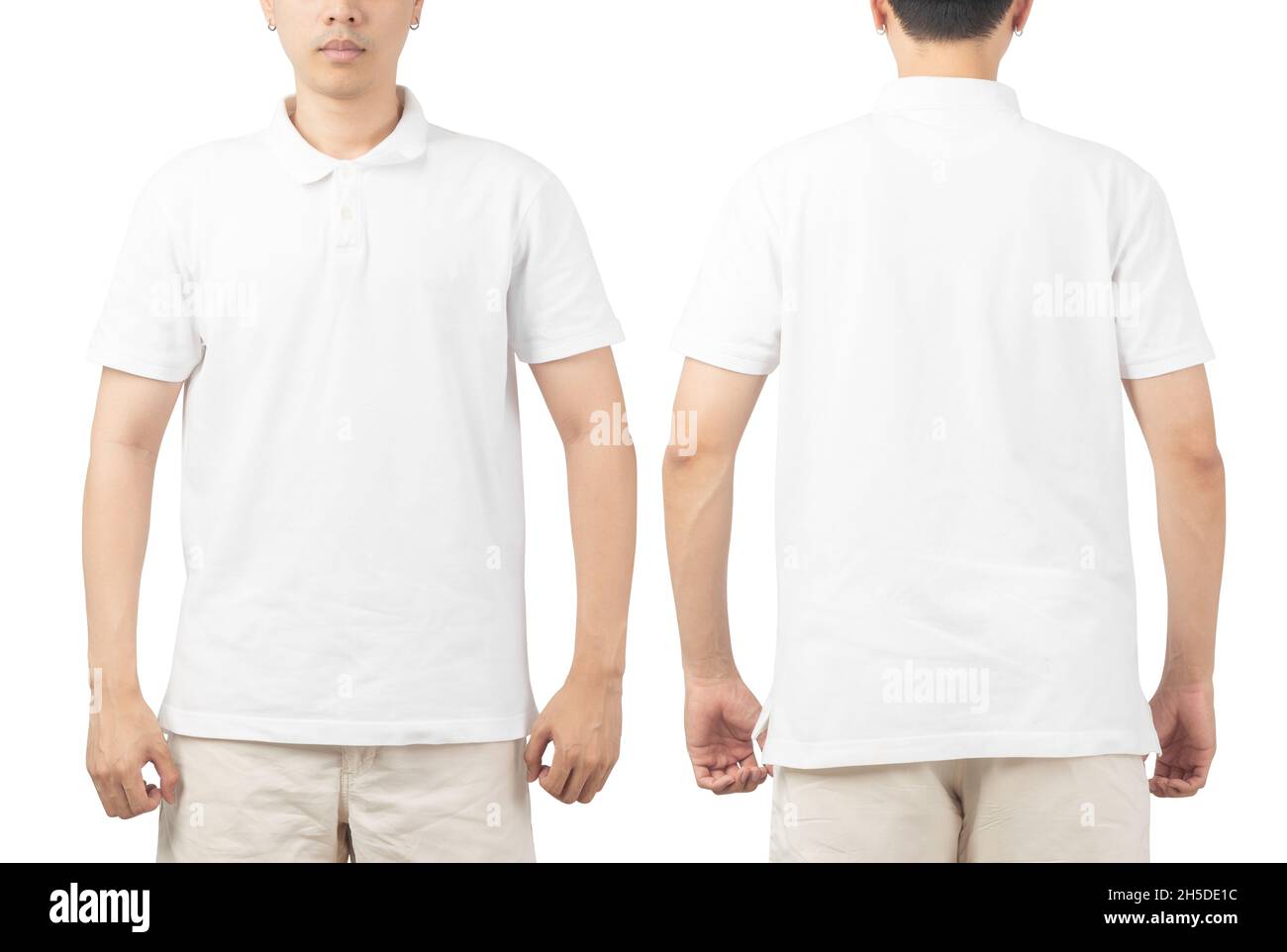 Young man in blank Polo t-shirt mockup front and back used as design template, isolated on white background with clipping path. Stock Photo